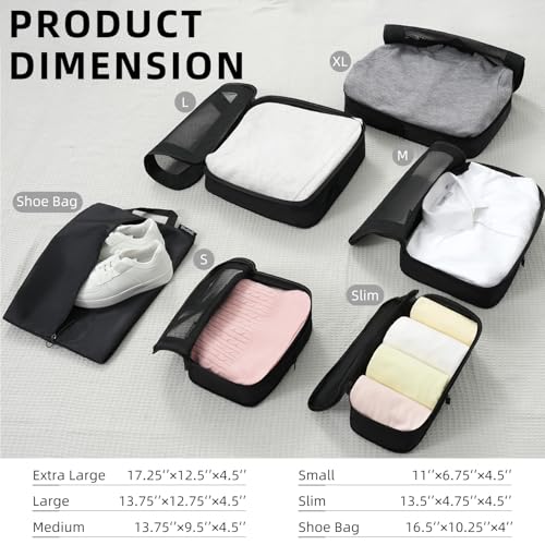 4 Set/6 Set/8 Set Compression Packing Cubes Travel Accessories Expandable Packing Organizers (Square Mesh, 05-Jet Black) (05-Jet Black / Square Mesh)