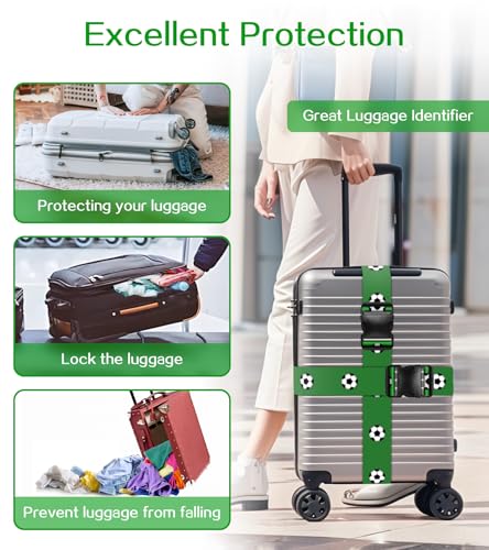 Luggage Straps for Suitcases Travel Belt Luggage Band Heavy Duty Traveling Luggage Identifier Cute Women Girls Unique Accesory (Green Football)