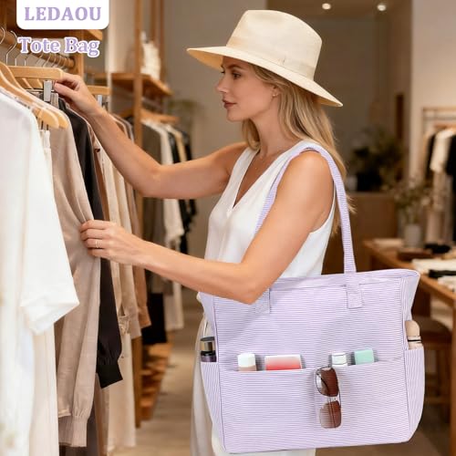 Beach Bag Waterproof Sandproof Women Beach Tote Swim Pool Bag with Zipper Wet Pocket for Gym Grocery Travel Family (Light Purple White)