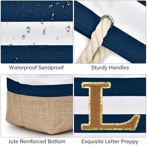 Beach Bag Initial Beach Tote with Makeup Bag for Travel Work Storage Personalized Birthday Gifts for Women Her (Dark Blue 2 Pcs / L)