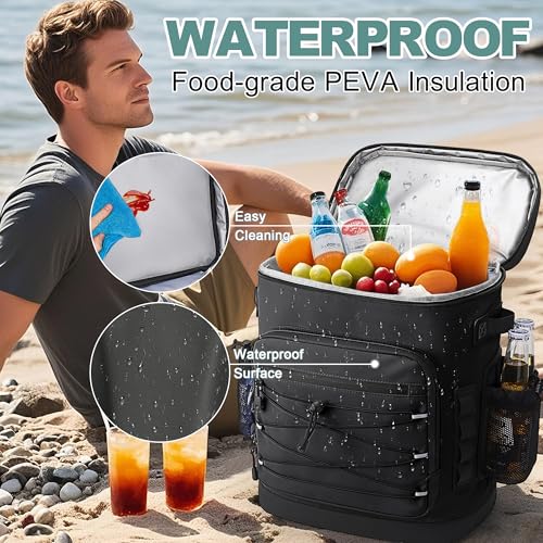 Large 52 Can Insulated Waterproof Leakproof Cooler Backpack (Black, Black Zipper)