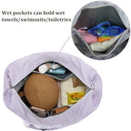 Beach Bag Waterproof Sandproof Women Beach Tote Swim Pool Bag with Zipper Wet Pocket for Gym Grocery Travel Family (Light Purple White)