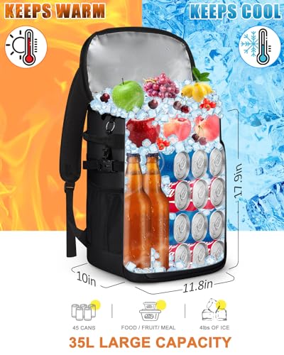 Cooler Backpack Insulated Leak Proof for Women Men Soft Cooler Bag (45 Cans / Deep Black Leather)