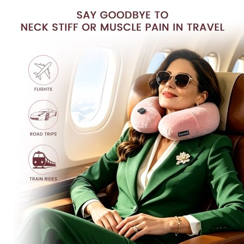 Inflatable Travel Neck Pillow for Airplane to Relieve Neck Pain (Soft Pink / Medium)