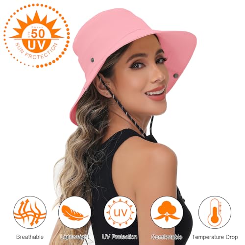 Sun Hats for Women Bucket Hat UV Protection Fishing Hat Wide Brim Safari Hats 2 in 1 Zip (1pack-pink)
