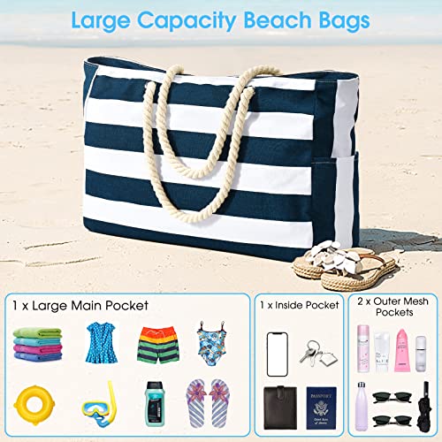 Beach Bags for Women Large Waterproof Beach Tote Bag Zipper Beach Bags Waterproof Sandproof Swim Pool Bag Large Tote (Dark Blue)