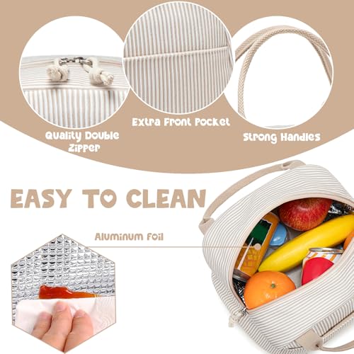 Lunch Bag for Women Men Cute Corduroy Lunch Tote Bags Reusable Insulated Lunch Box Large Capacity Reusable Insulated Cooler for Work Picnic or Travel (Corduroy Khaki-white stripes / 10L)
