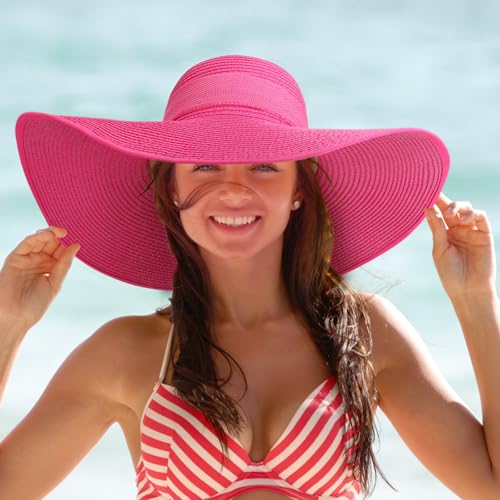 Womens Big Bowknot Straw Hat Foldable Sun Hats Floppy Beach Hat Large Roll up Cap UPF 50+ (Deep Pink / 5.5" Brim, 1 Pack)