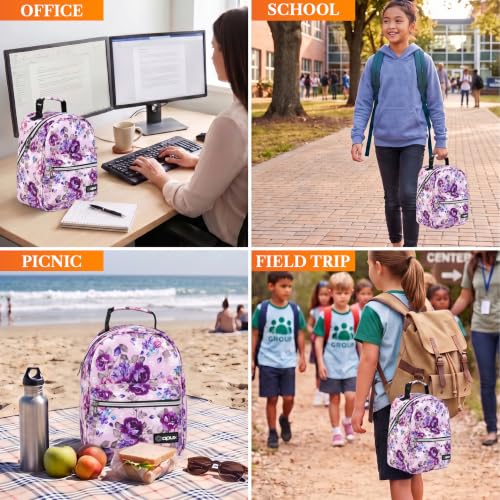 Insulated Lunch Box for Kids and Adults (Purple Flowers)