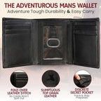 Genuine Nappa Leather Trifold Wallet For Men RFID And ID Window (Mountain Black - Napa Smooth Black)