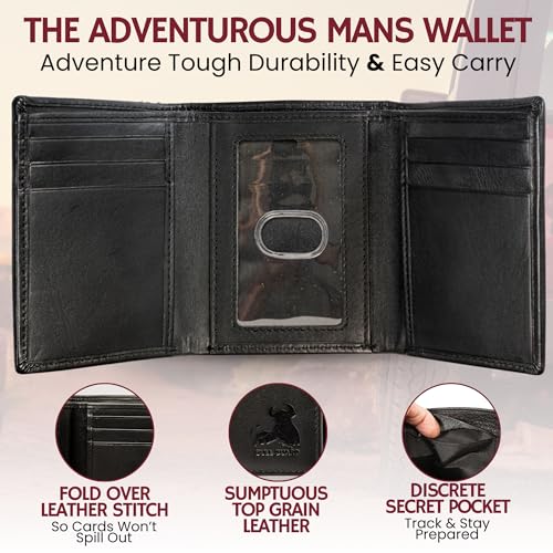 Genuine Nappa Leather Trifold Wallet For Men RFID And ID Window (Mountain Black - Napa Smooth Black)