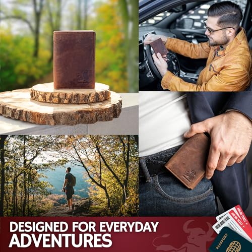 Best Leather Men's RFID Trifold Wallet With ID Great Outdoor Wallet Durable Top Grain Leather Crazy Horse (Adventure Brown - Vintage Crazy Horse)