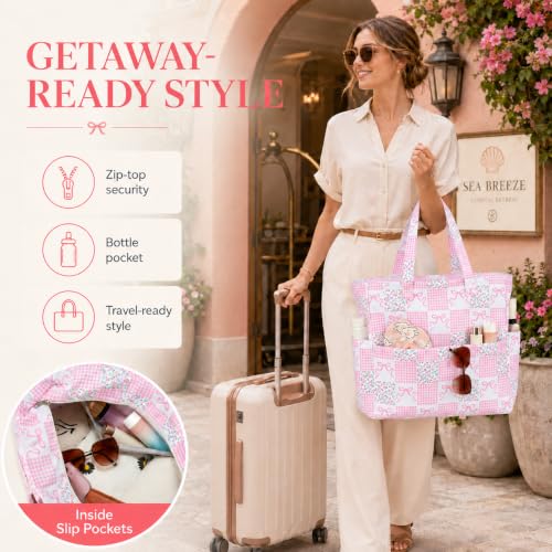 Beach Bags for Women (Gingham Floral Bow)