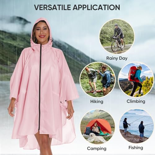 Rain Poncho for Adults with Zipper (One Size / Pink)
