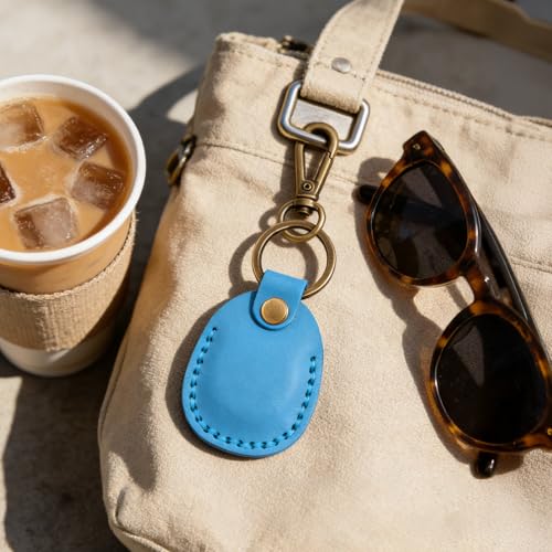 Genuine Leather Airtag Holder Compatible with Apple AirTag Keychain 2nd & 1st Gen (Light Blue)