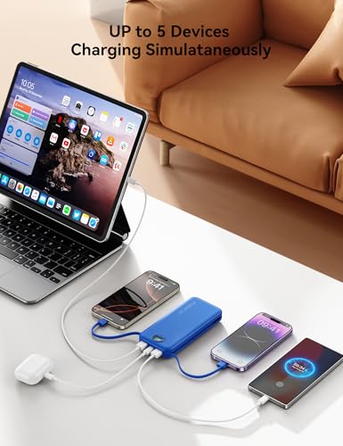Portable Charger Power Bank 10000mAh with Built in Cables & Wall Plug (Steel Blue)