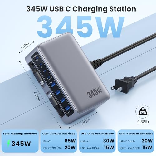 345W USB C Charger 10 in 1 Retractable Wall Charger with 2 Cables (Sliver / 345W)