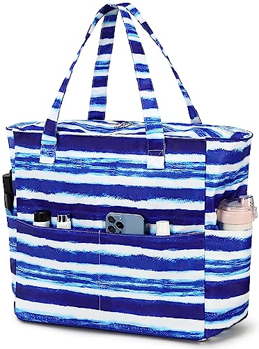 Waterproof Beach Tote Pool Bags for Women Ladies Extra Large Gym Tote Carry On Bag With Wet Compartment for Weekender Travel (Blue White Stripes)