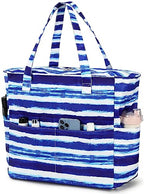 Waterproof Beach Tote Pool Bags for Women Ladies Extra Large Gym Tote Carry On Bag With Wet Compartment for Weekender Travel (Blue White Stripes)