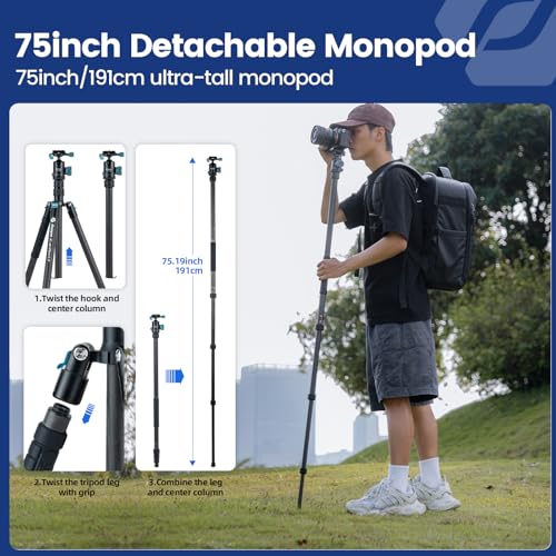 73" 185cm Carbon Fiber Travel Tripod for Camera (Blue / 73" Plus (Carbon Fiber))