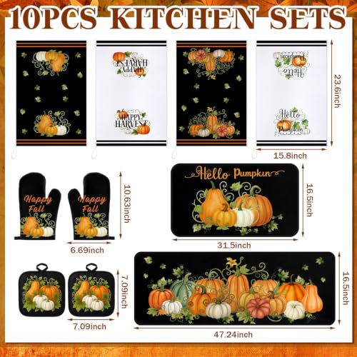10 Pcs Fall Pumpkin Kitchen Decor Set Black Kitchen Rugs Set (Green, Black / Fresh)