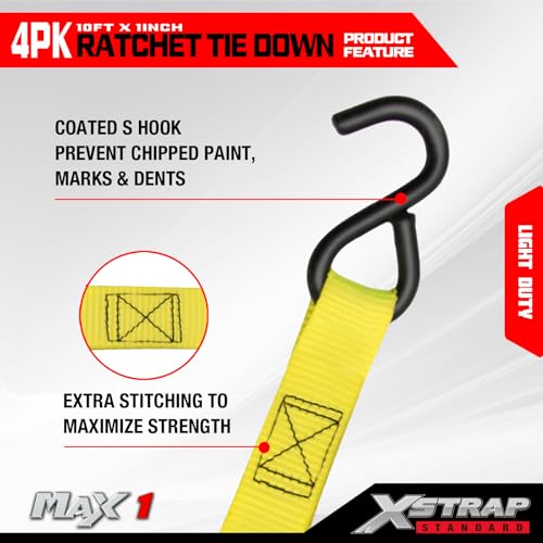 4 PK Ratchet Tie Down Straps (4PK-1Inch / Yellow)