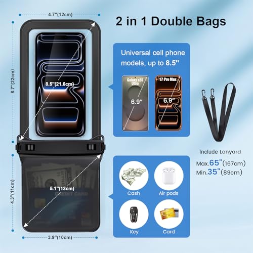 IPX8 Double Space Waterproof Phone Pouch up to 8.5'' (Black & White)