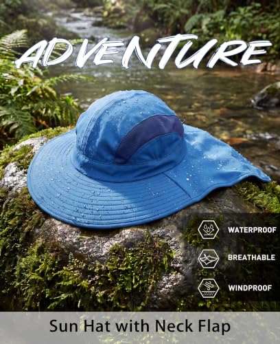 UPF 50+ Sun Hats for Men Women Wide Brim Fishing Hat with Neck Flap UV Protection Sunblock Safari Bucket Hat (Bright Blue)