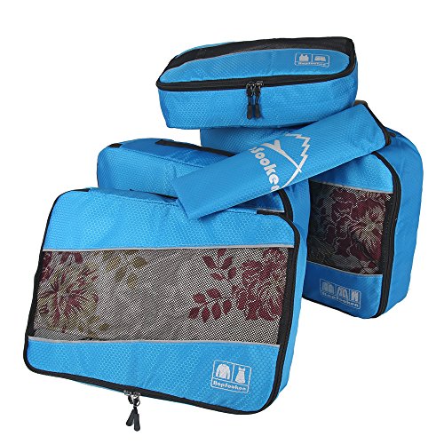 5 Set Packing Cubes for Travel Large Suitcase Luggage Organizer Bags Travel Accessories Vacation 4 Cubes 1 Laundry Pouch Bag (Blue)