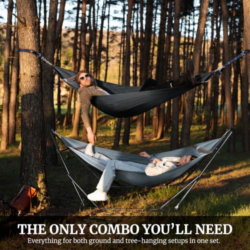 Combo Hammocks with Stand for Outside & Tree Straps (Combo - Black)