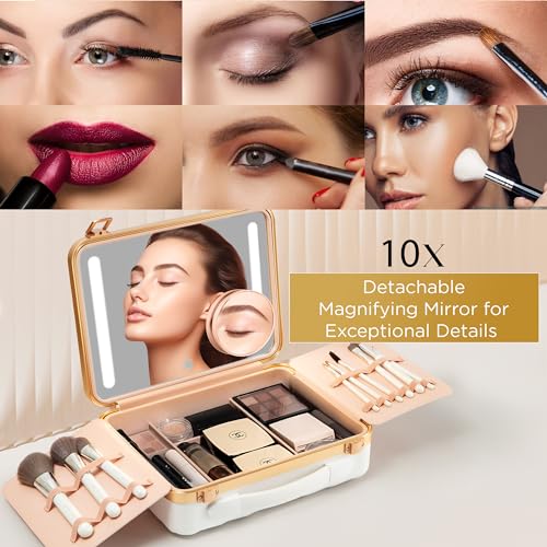 Lighted Makeup Case with Mirror + 10x Mini Mirror (White)