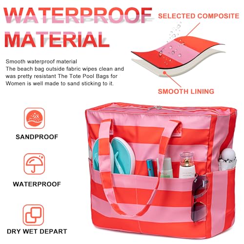Waterproof Beach Tote Pool Bags for Women Ladies Extra Large Gym Tote Carry On Bag With Wet Compartment for Weekender Travel (Rose Pink Stripe)