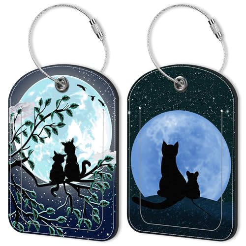 2 Pack Luggage Tag for Suitcase Cat Under the Moon Leather Suitcase Tags with Privacy Name ID Label and Stainless Steel Loop for Travel Bag (Cat Under the Moon)