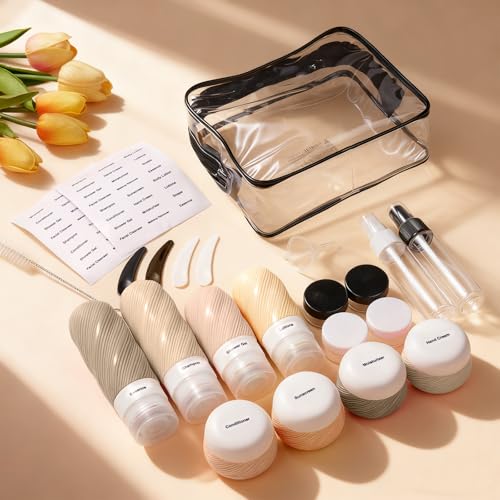 23 Pack TSA Approved Travel Bottles for Toiletries (Brown)