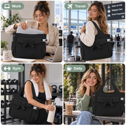 Tote Bag for Women with 15.6" Laptop Sleeve and Wet Compartment (Black Bow)