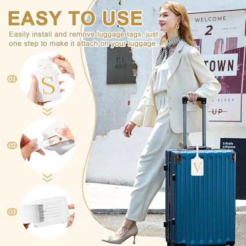 Personalized Initial Luggage Tags for Suitcase TSA Approved (White Leather,glod Letter / V)