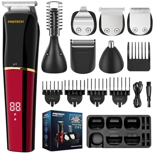 6-in-1 Men's Grooming Kit, Cordless Beard Trimmer, Hair, Nose & Ear (Red)