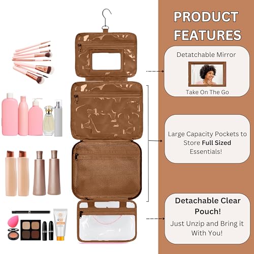 ESSENTE Women's Travel Toiletry Bag with Removable Pouch and Hanging Hook (OFF WHITE FAUX LEATHER)