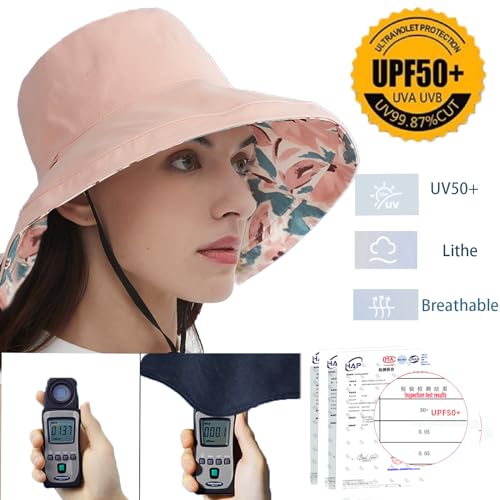 Womens Sun Hats Wide Brim Reversible Bucket Cotton Hat Packable Summer Travel Cap with Hat Clip (Medium / Pink)