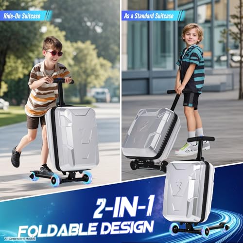 2-in-1 Scooter Suitcase for Kids & Adults, Foldable Ride On Luggage (Silver)