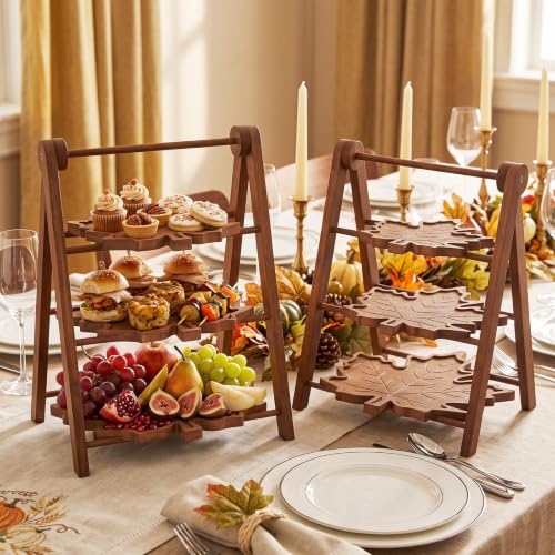 3 Tier Maple Leaf Serving Tray with 16" Collapsible Ladder Stand (Maple Leaf)