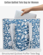 100% Cotton Quilted Tote Bag For Women (Summerday Blue Floral Print)