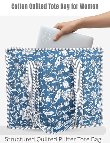 100% Cotton Quilted Tote Bag For Women (Summerday Blue Floral Print)