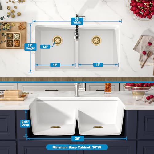 33 Inch Classic White Undermount Granite Composite Kitchen Sink Under Counter Quartz Double Bowl Sink Workstation Sinks with Accessories Quick Drain Noise Reduction Home Renovation Gold Accessories (White-50/50 / Undermount-Gold Accessories)
