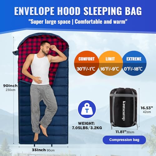 0 Degree Sleeping Bag Cotton Flannel Winter Cold Weather for Adults XXL Sleeping Bag 4 Season Big and Tall with Pillow Compression Sack (NAVY_R)