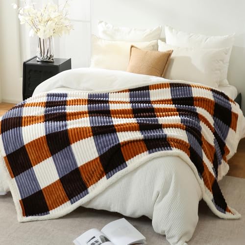 Sherpa Blanket Twin Plaid Thick Bed Blanket (Brown Orange Check / 60"*80")