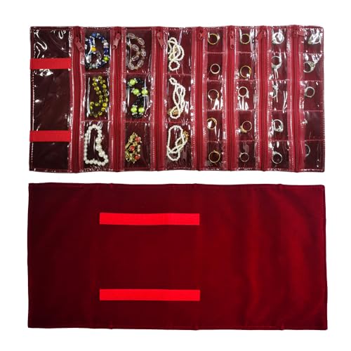 Travel Jewelry Roll Bag Portable Organizer Pouch With Grids&PVC Cover Storage Bags for Necklace (Burgundy Velvet 29 Grids)