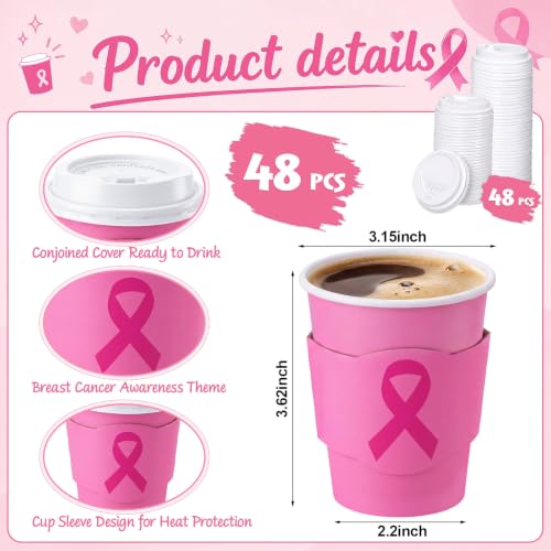 48 Sets 8 oz Breast Cancer Coffee Cups with Lids and Sleeves (Breast Cancer)