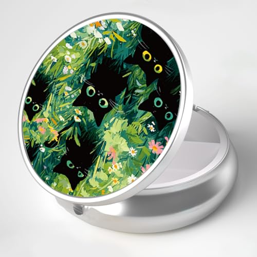 Pill Box 3 Compartment Portable Travel Medicine Box with Mirror (Grass and Cat)
