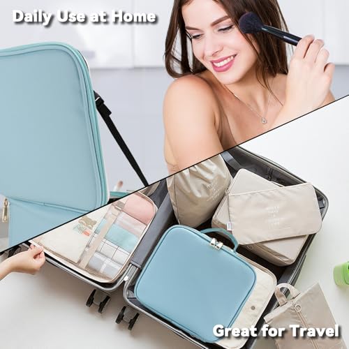 Travel Makeup Bag with LED Mirror and 10x magnifying glass with 3 Lighted Settings (Light Blue / With LED Mirror and 10x Magnifying Glass)